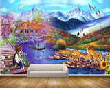 Avikalp MWZ2916 Birds Mountains House Boy Lake Deers Flowers Stones Boat River Pond Lake Water Painting HD Wallpaper