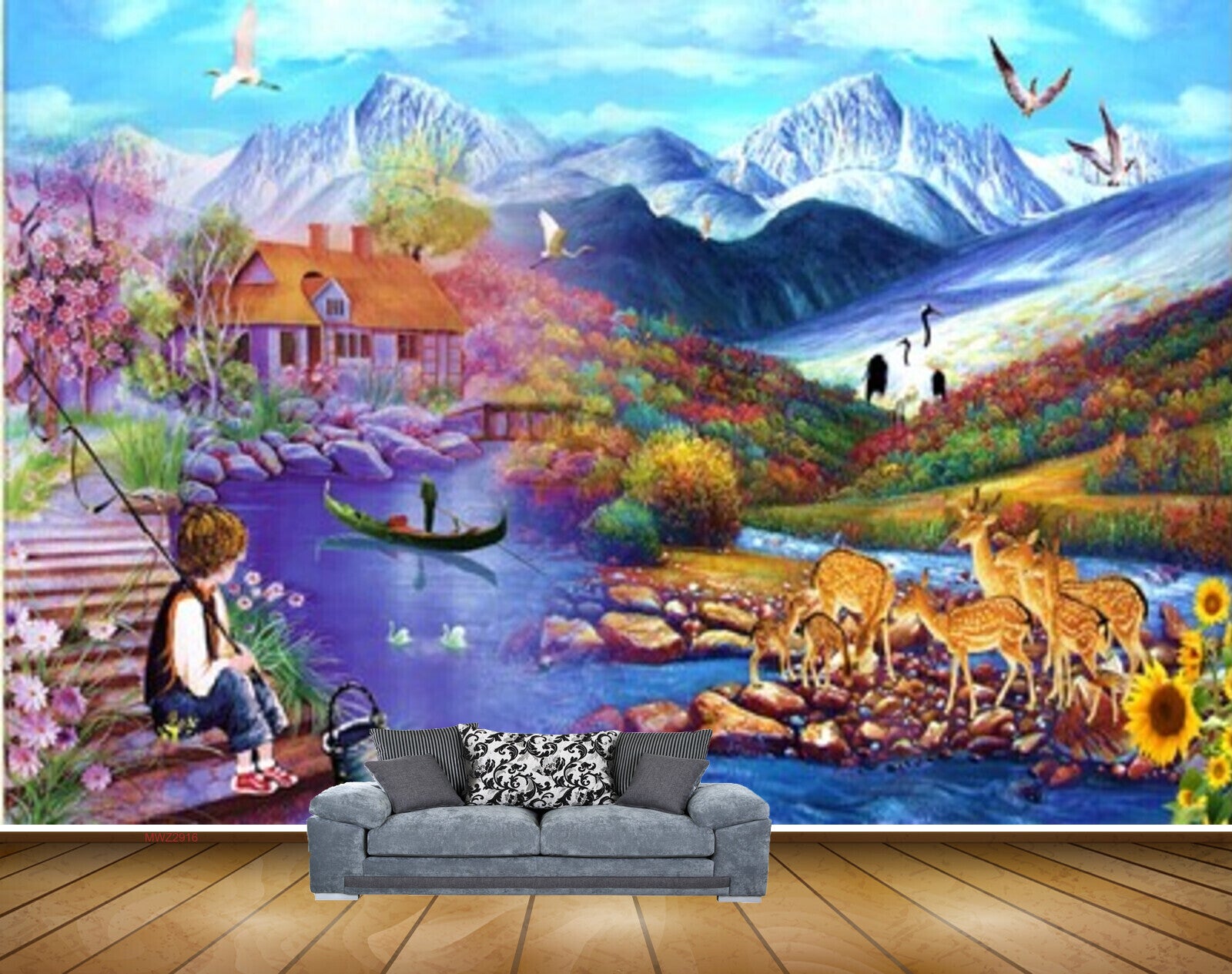 Avikalp MWZ2916 Birds Mountains House Boy Lake Deers Flowers Stones Boat River Pond Lake Water Painting HD Wallpaper