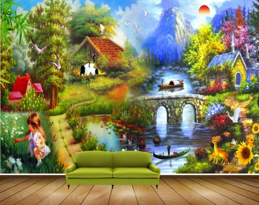 Avikalp MWZ2917 Sun Mountains Trees Houses Boat Birds Cranes Bridge Grass Plants Deers Ducks Girl River Pond Lake Water Painting HD Wallpaper