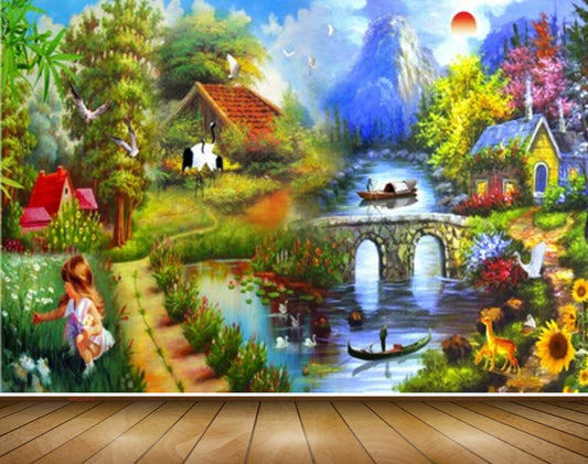 Avikalp MWZ2917 Sun Mountains Trees Houses Boat Birds Cranes Bridge Grass Plants Deers Ducks Girl River Pond Lake Water Painting HD Wallpaper