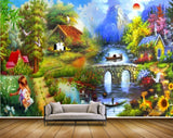 Avikalp MWZ2917 Sun Mountains Trees Houses Boat Birds Cranes Bridge Grass Plants Deers Ducks Girl River Pond Lake Water Painting HD Wallpaper