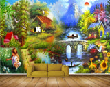Avikalp MWZ2917 Sun Mountains Trees Houses Boat Birds Cranes Bridge Grass Plants Deers Ducks Girl River Pond Lake Water Painting HD Wallpaper