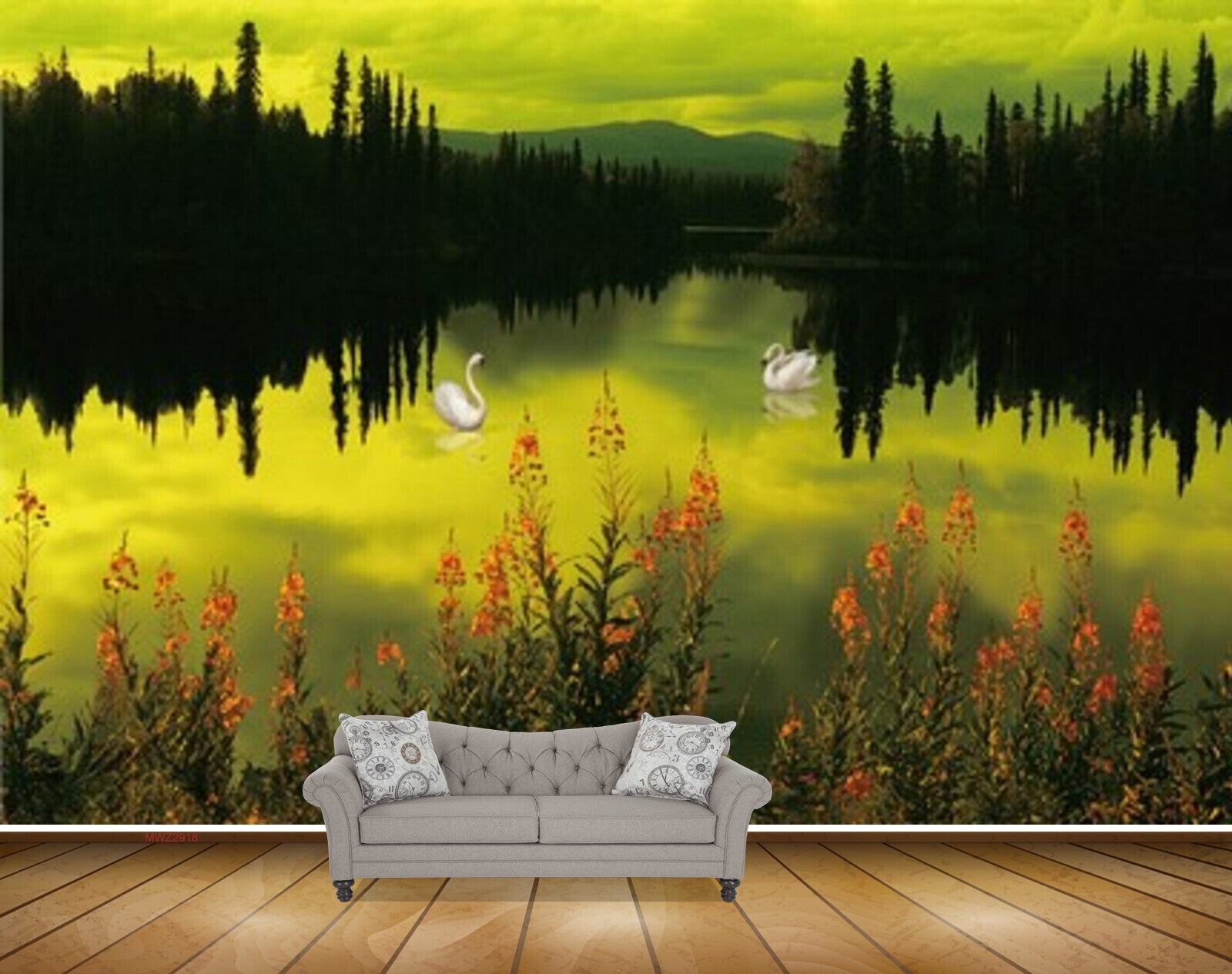 Avikalp MWZ2918 Trees Flowers Cranes Mountains Clouds River Lake Water Painting HD Wallpaper