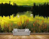 Avikalp MWZ2918 Trees Flowers Cranes Mountains Clouds River Lake Water Painting HD Wallpaper