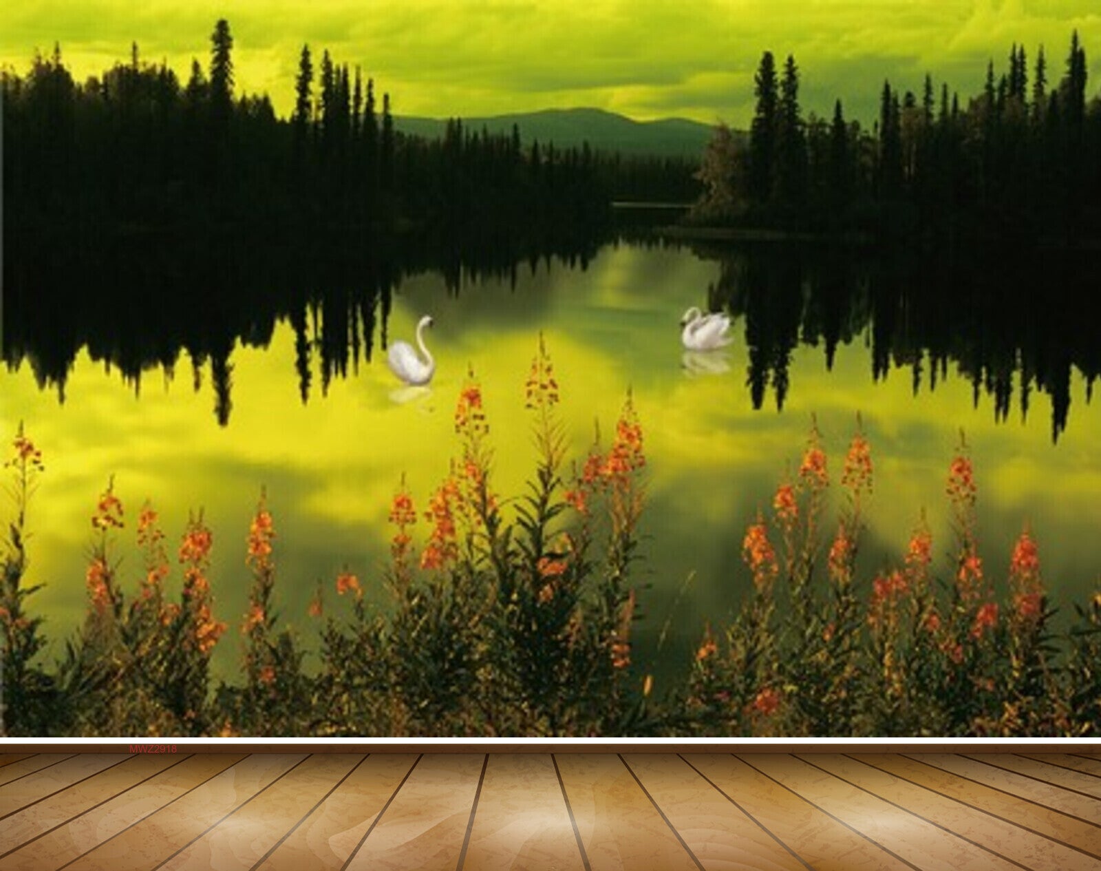 Avikalp MWZ2918 Trees Flowers Cranes Mountains Clouds River Lake Water Painting HD Wallpaper