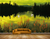 Avikalp MWZ2918 Trees Flowers Cranes Mountains Clouds River Lake Water Painting HD Wallpaper