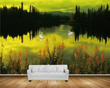 Avikalp MWZ2918 Trees Flowers Cranes Mountains Clouds River Lake Water Painting HD Wallpaper