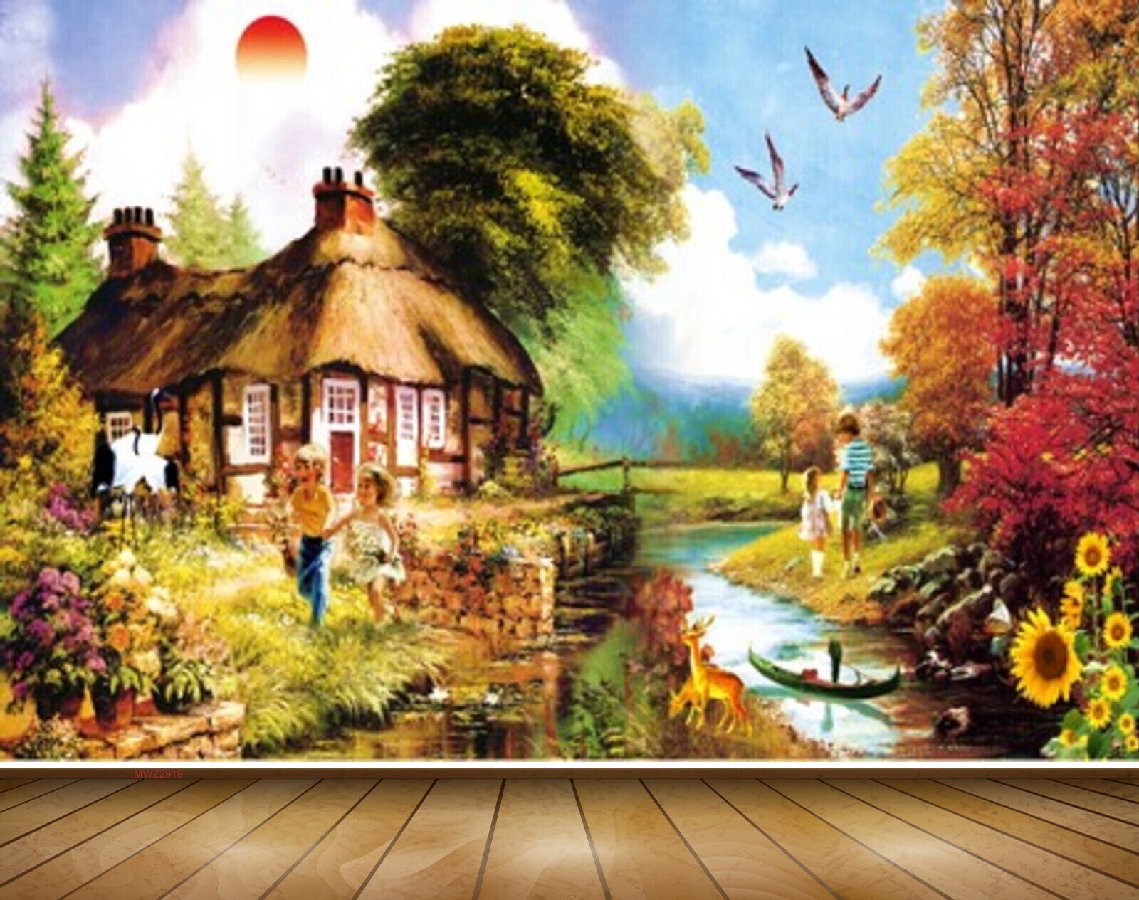 Avikalp MWZ2919 Sun Trees House Sunflowers Lake River Pond Water Grass Cranes Boat Deers Kids Painting HD Wallpaper