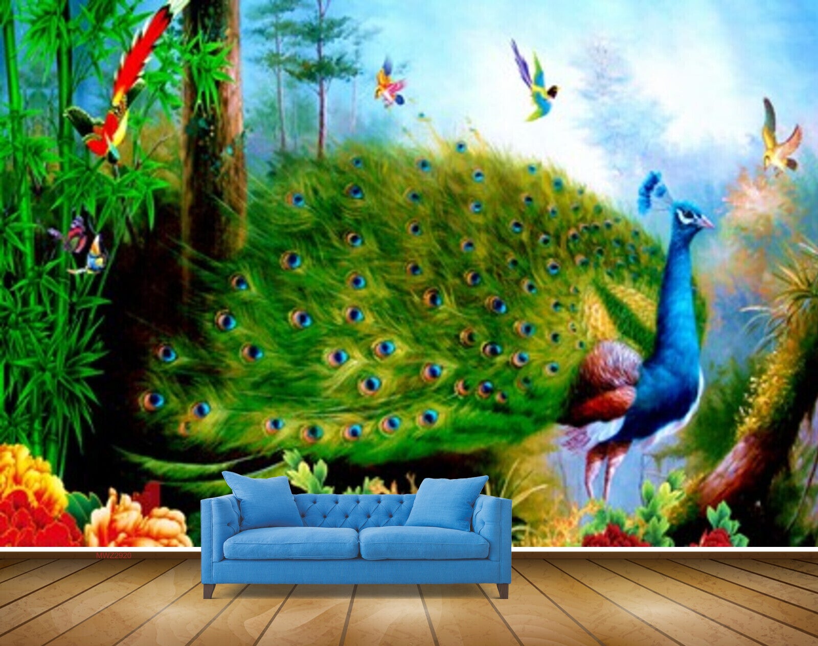 Avikalp MWZ2920 Peacock Birds Flowers Trees Grass Plants Painting HD Wallpaper