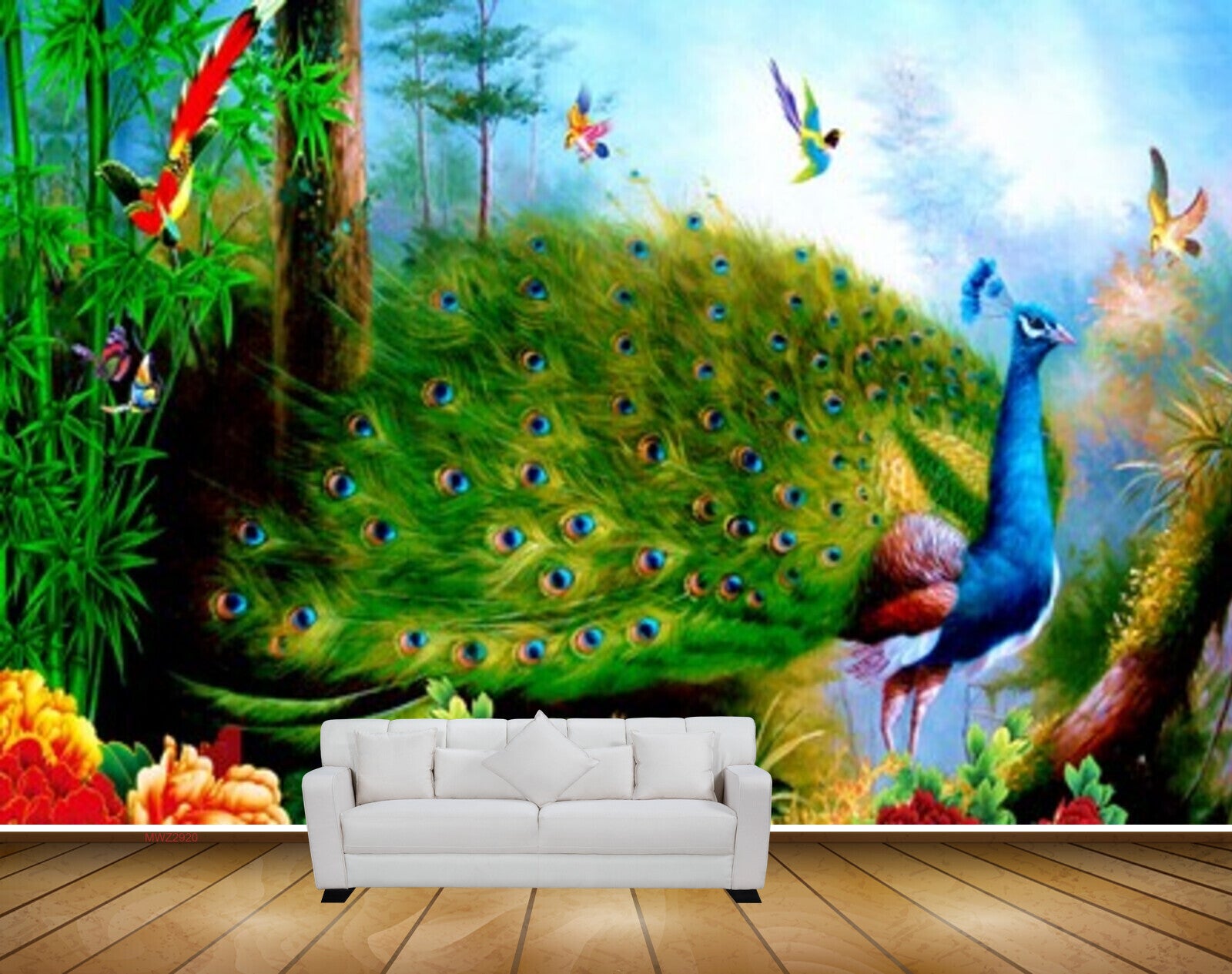 Avikalp MWZ2920 Peacock Birds Flowers Trees Grass Plants Painting HD Wallpaper