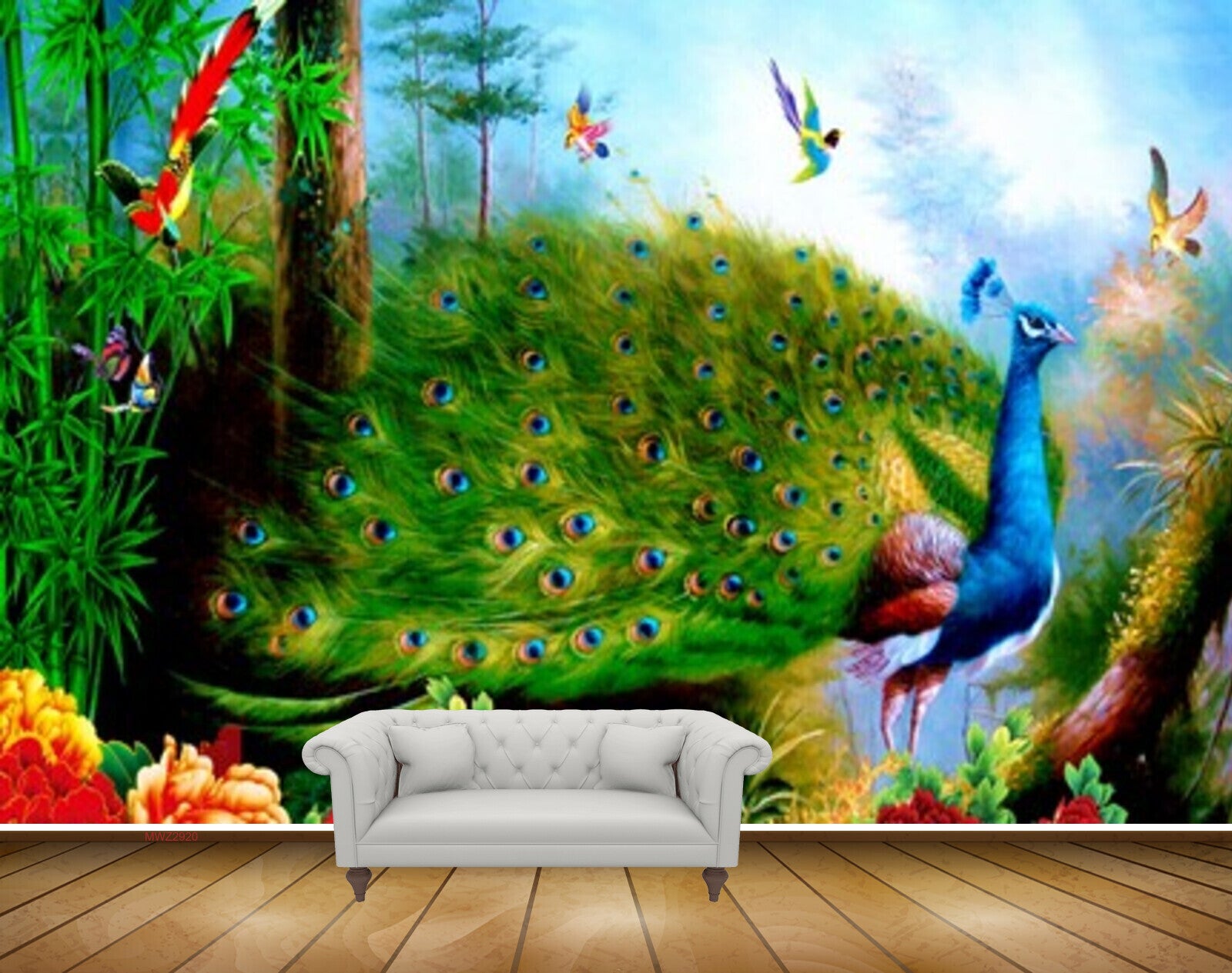 Avikalp MWZ2920 Peacock Birds Flowers Trees Grass Plants Painting HD Wallpaper