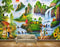 Avikalp MWZ2921 Sun Mountains Clouds Waterfalls Birds Deers Kids Trees Flowers Grass Plants River Pond Water Cranes Painting HD Wallpaper