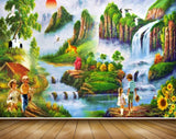 Avikalp MWZ2921 Sun Mountains Clouds Waterfalls Birds Deers Kids Trees Flowers Grass Plants River Pond Water Cranes Painting HD Wallpaper