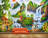 Avikalp MWZ2921 Sun Mountains Clouds Waterfalls Birds Deers Kids Trees Flowers Grass Plants River Pond Water Cranes Painting HD Wallpaper
