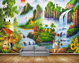 Avikalp MWZ2921 Sun Mountains Clouds Waterfalls Birds Deers Kids Trees Flowers Grass Plants River Pond Water Cranes Painting HD Wallpaper