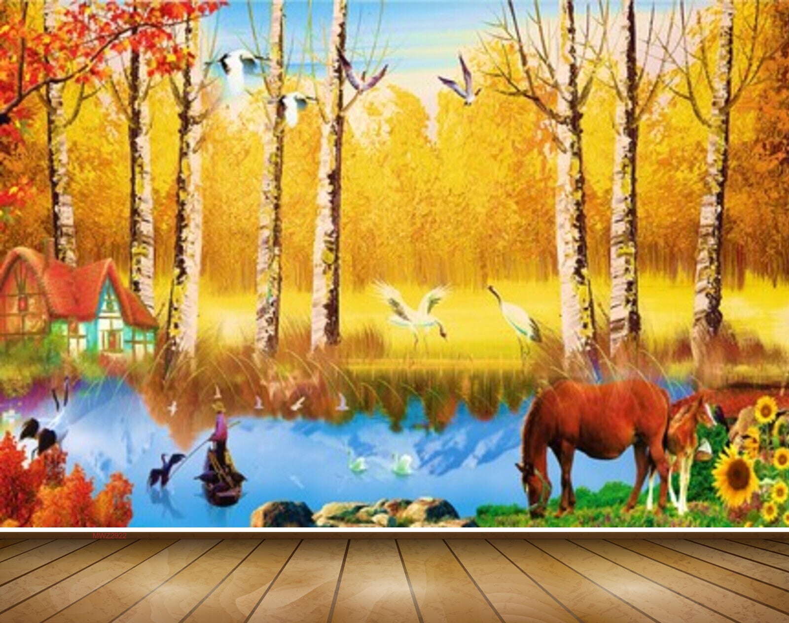 Avikalp MWZ2922 Yellow Leaves Trees Birds Horse Cranes Lake River Pond Water Sunflowers Grass Boat Stones Ducks Plants Painting HD Wallpaper