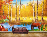 Avikalp MWZ2922 Yellow Leaves Trees Birds Horse Cranes Lake River Pond Water Sunflowers Grass Boat Stones Ducks Plants Painting HD Wallpaper