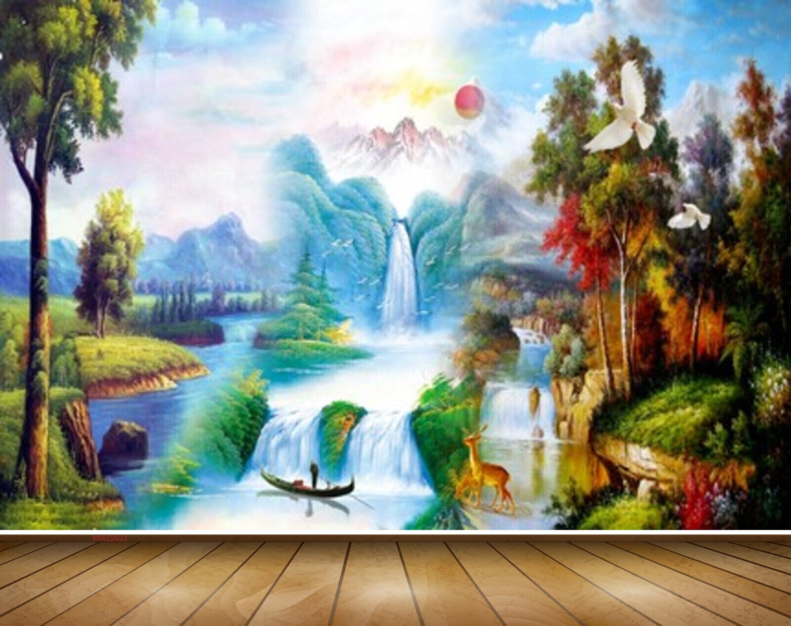 Avikalp MWZ2923 Sun Mountains Clouds Waterfalls Trees Lake River Pond Water Boat Grass Deers Birds Painting HD Wallpaper