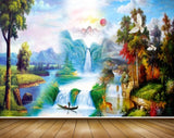 Avikalp MWZ2923 Sun Mountains Clouds Waterfalls Trees Lake River Pond Water Boat Grass Deers Birds Painting HD Wallpaper