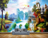 Avikalp MWZ2923 Sun Mountains Clouds Waterfalls Trees Lake River Pond Water Boat Grass Deers Birds Painting HD Wallpaper