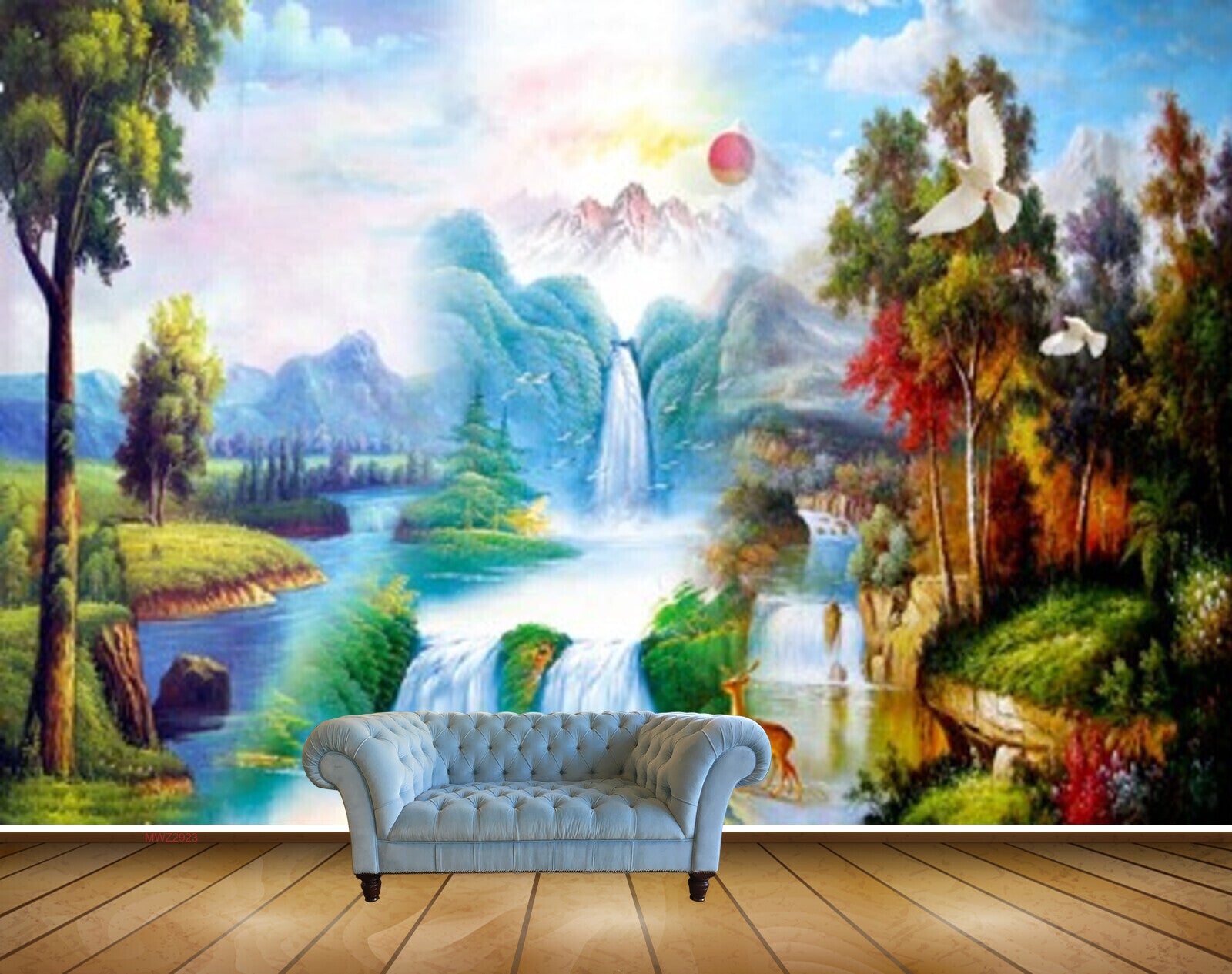 Avikalp MWZ2923 Sun Mountains Clouds Waterfalls Trees Lake River Pond Water Boat Grass Deers Birds Painting HD Wallpaper