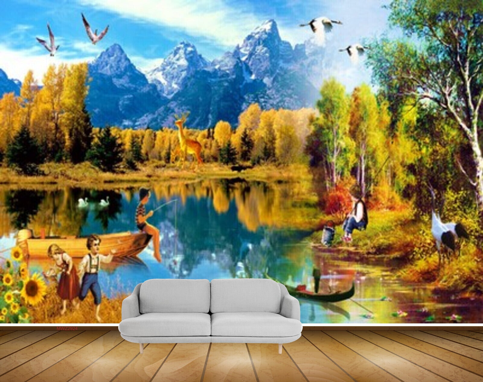 Avikalp MWZ2924 Mountains Birds Lake Pond Water Trees Boys Trees Sunflowers Grass Boats Kids Deers Clouds Ducks Cranes Painting HD Wallpaper