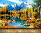 Avikalp MWZ2924 Mountains Birds Lake Pond Water Trees Boys Trees Sunflowers Grass Boats Kids Deers Clouds Ducks Cranes Painting HD Wallpaper