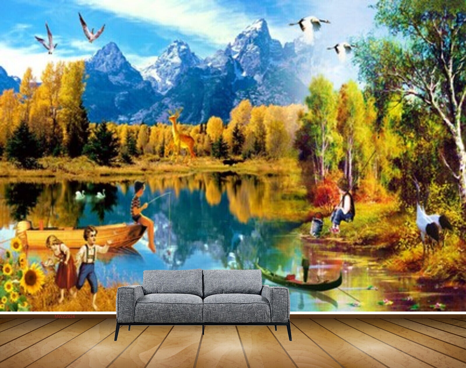 Avikalp MWZ2924 Mountains Birds Lake Pond Water Trees Boys Trees Sunflowers Grass Boats Kids Deers Clouds Ducks Cranes Painting HD Wallpaper