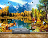 Avikalp MWZ2924 Mountains Birds Lake Pond Water Trees Boys Trees Sunflowers Grass Boats Kids Deers Clouds Ducks Cranes Painting HD Wallpaper