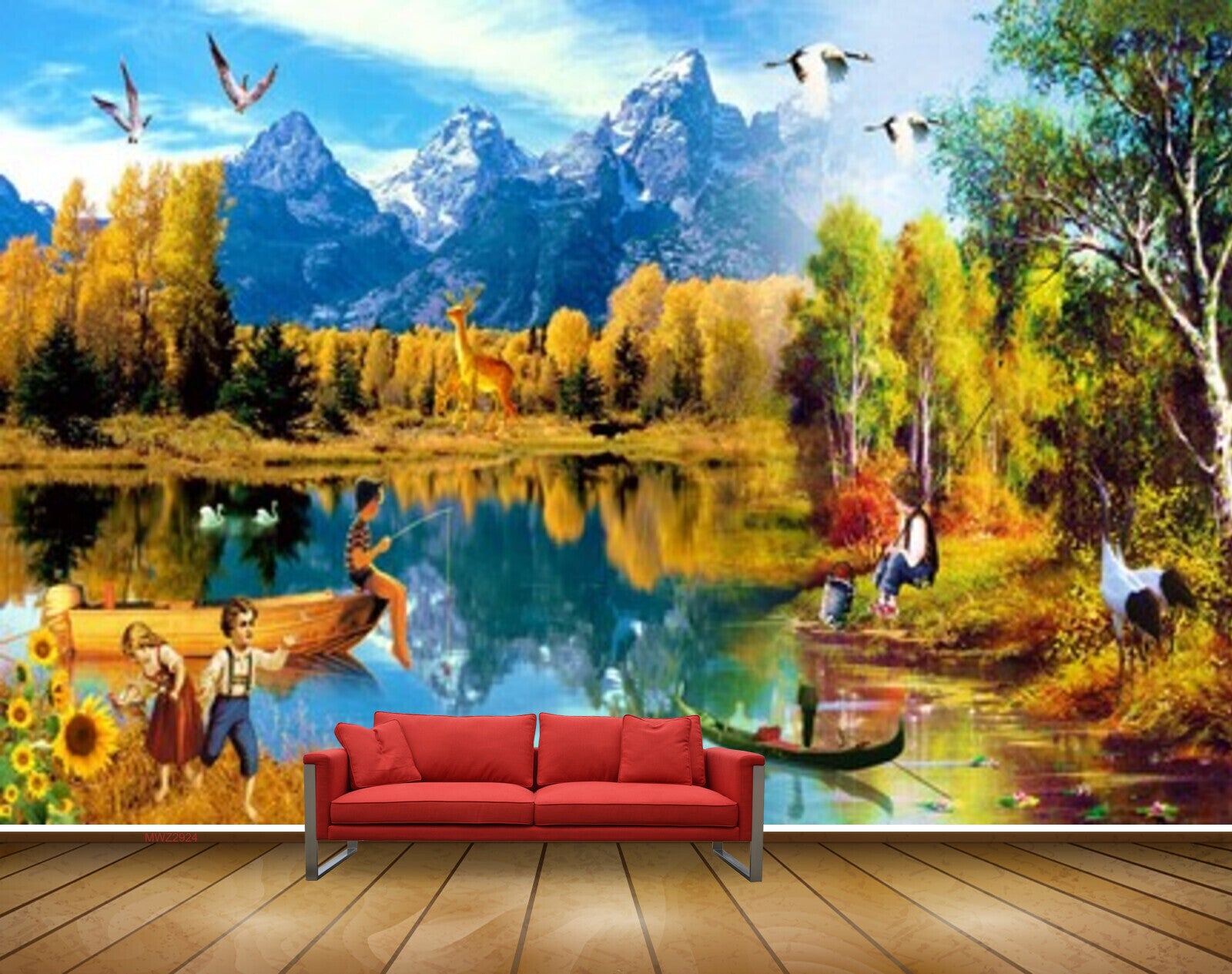 Avikalp MWZ2924 Mountains Birds Lake Pond Water Trees Boys Trees Sunflowers Grass Boats Kids Deers Clouds Ducks Cranes Painting HD Wallpaper