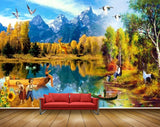 Avikalp MWZ2924 Mountains Birds Lake Pond Water Trees Boys Trees Sunflowers Grass Boats Kids Deers Clouds Ducks Cranes Painting HD Wallpaper