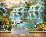 Avikalp MWZ2925 Waterfalls Birds People Sunflowers House Grass Boat River Pond Water Cranes Stones Painting HD Wallpaper