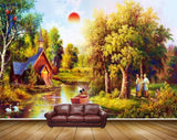 Avikalp MWZ2927 Trees Sun Clouds Lake Pond River Water Boat Hut House People Ducks Grass Painting HD Wallpaper