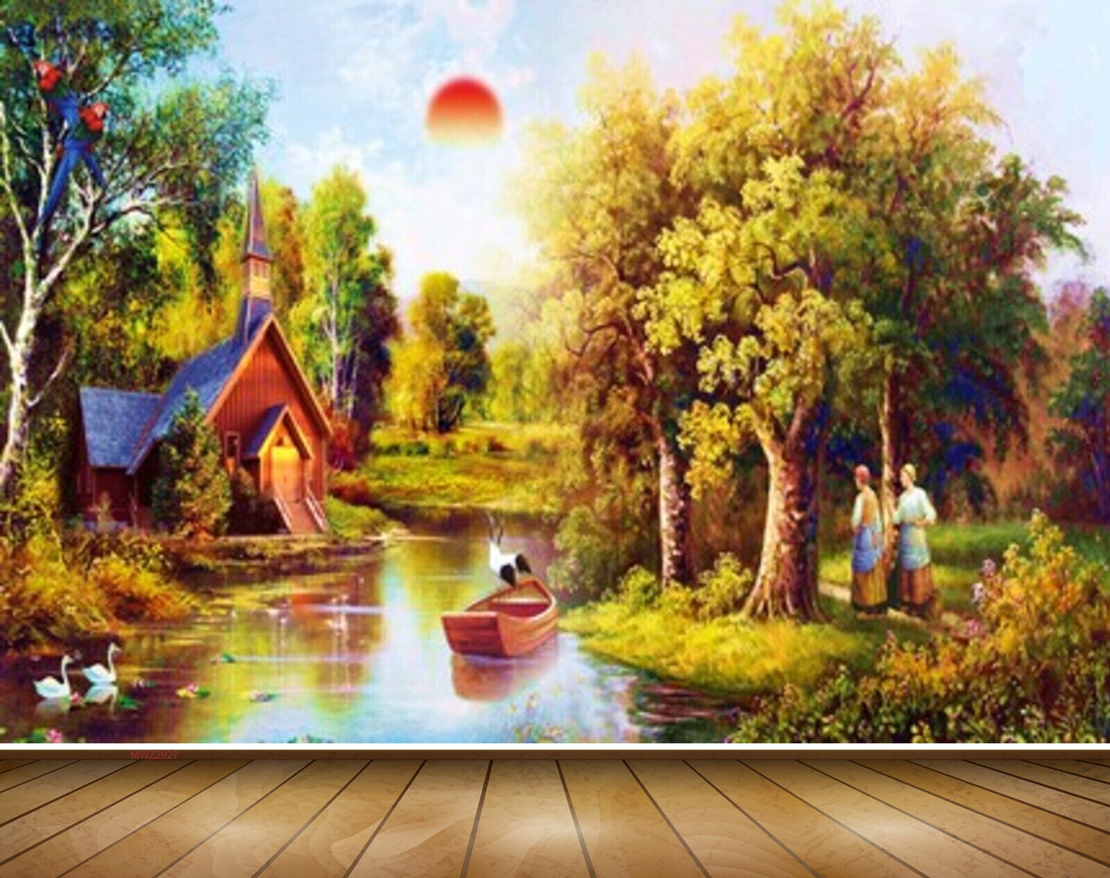 Avikalp MWZ2927 Trees Sun Clouds Lake Pond River Water Boat Hut House People Ducks Grass Painting HD Wallpaper