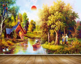 Avikalp MWZ2927 Trees Sun Clouds Lake Pond River Water Boat Hut House People Ducks Grass Painting HD Wallpaper