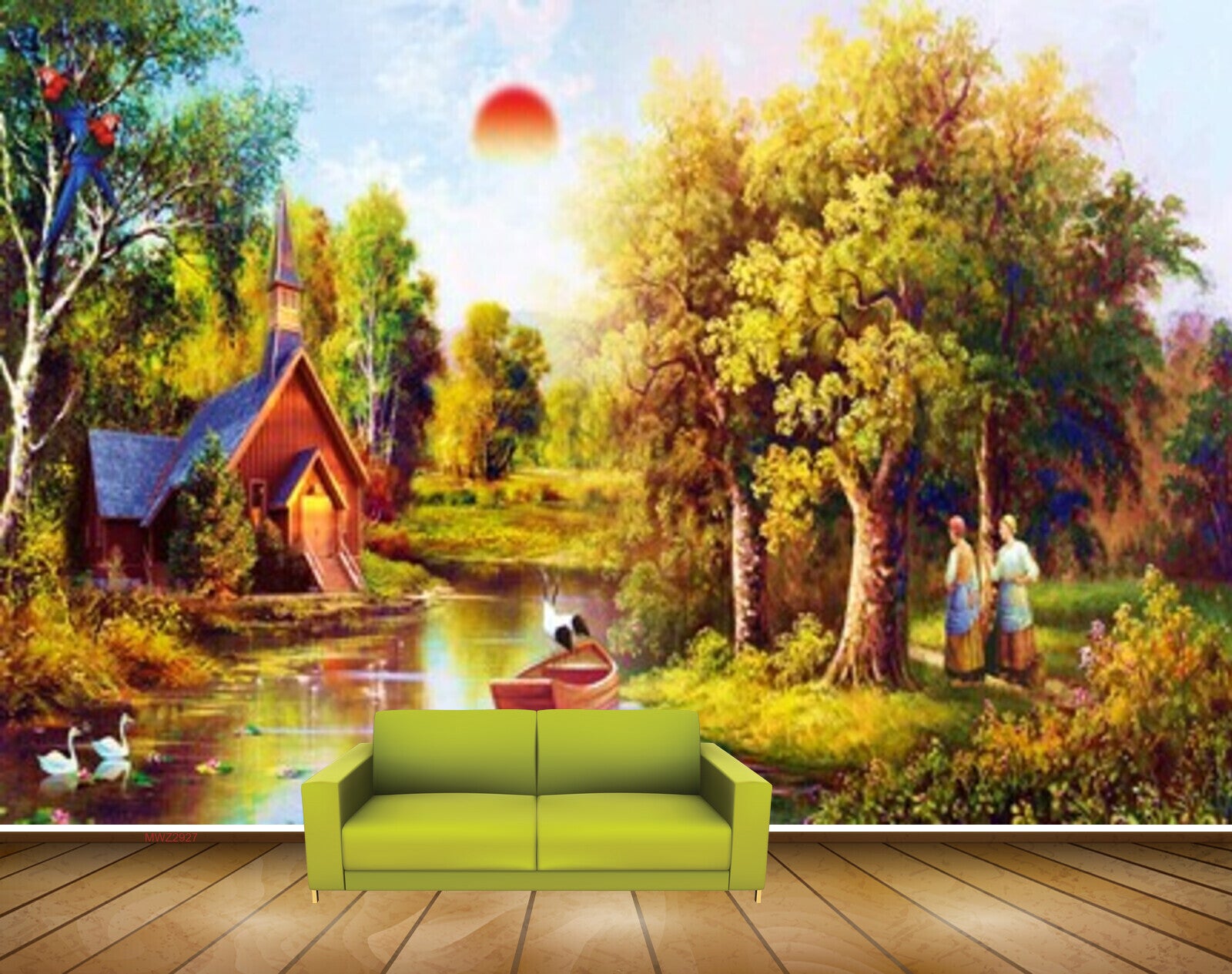 Avikalp MWZ2927 Trees Sun Clouds Lake Pond River Water Boat Hut House People Ducks Grass Painting HD Wallpaper