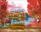 Avikalp MWZ2928 Mountains House Red Flowers Leaves Trees Horse Deer Cranes Boat Ducks Lake River Water Grass Painting HD Wallpaper