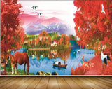 Avikalp MWZ2928 Mountains House Red Flowers Leaves Trees Horse Deer Cranes Boat Ducks Lake River Water Grass Painting HD Wallpaper