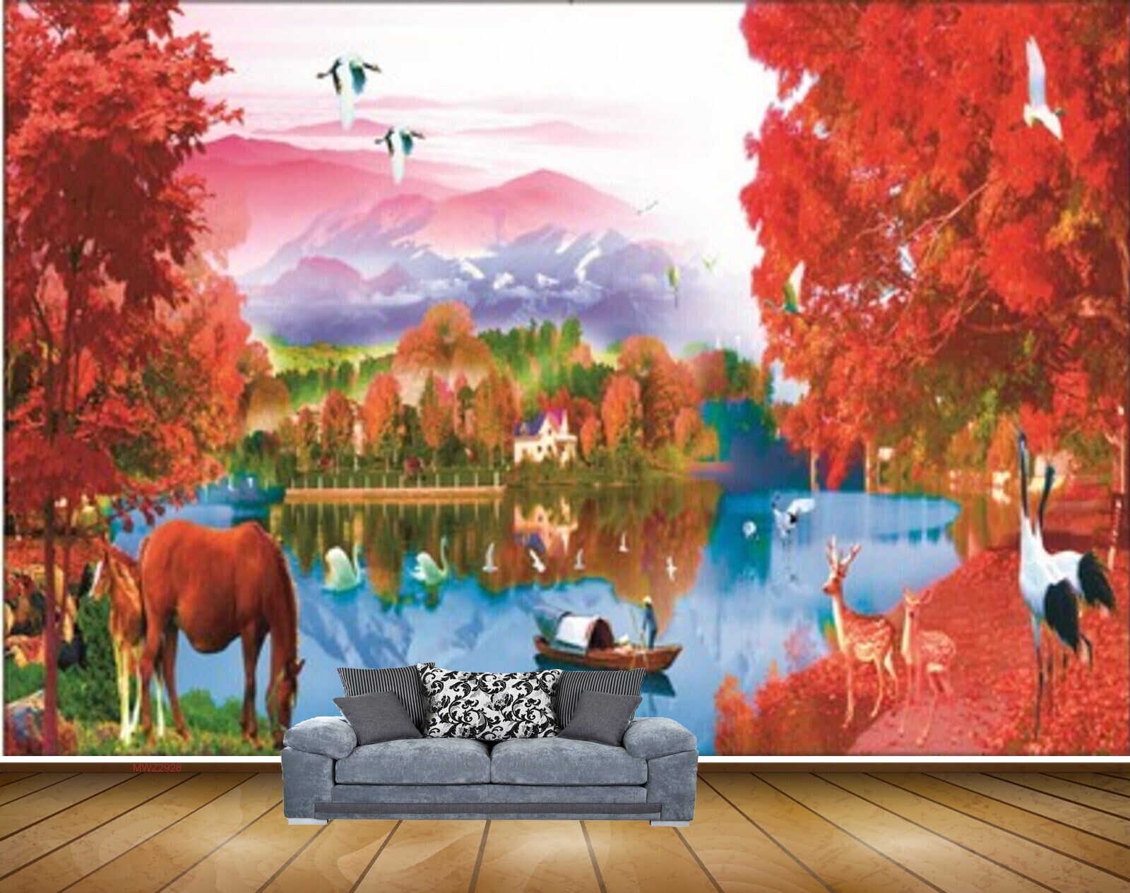 Avikalp MWZ2928 Mountains House Red Flowers Leaves Trees Horse Deer Cranes Boat Ducks Lake River Water Grass Painting HD Wallpaper