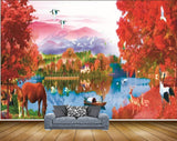 Avikalp MWZ2928 Mountains House Red Flowers Leaves Trees Horse Deer Cranes Boat Ducks Lake River Water Grass Painting HD Wallpaper
