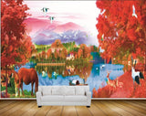Avikalp MWZ2928 Mountains House Red Flowers Leaves Trees Horse Deer Cranes Boat Ducks Lake River Water Grass Painting HD Wallpaper