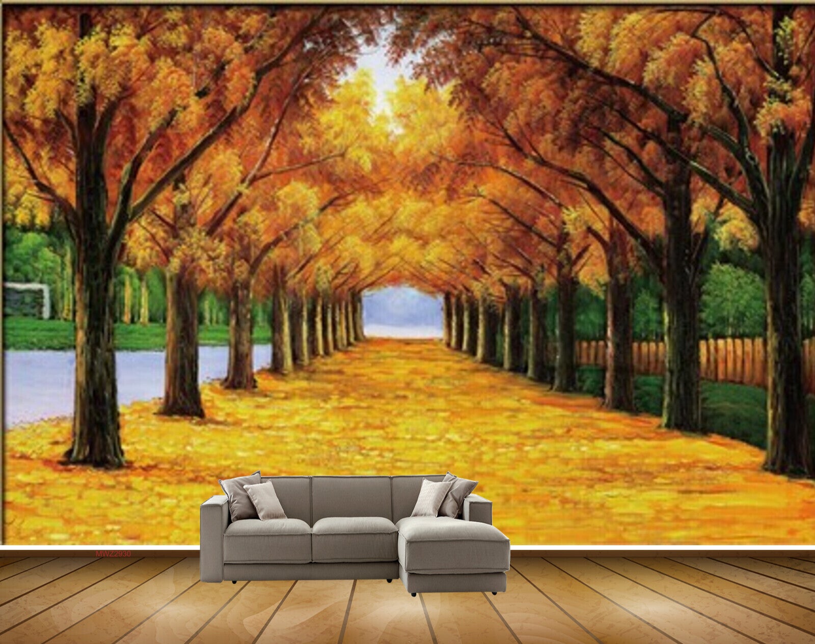 Avikalp MWZ2930 Trees Yellow Leaves Lake Grass Painting HD Wallpaper