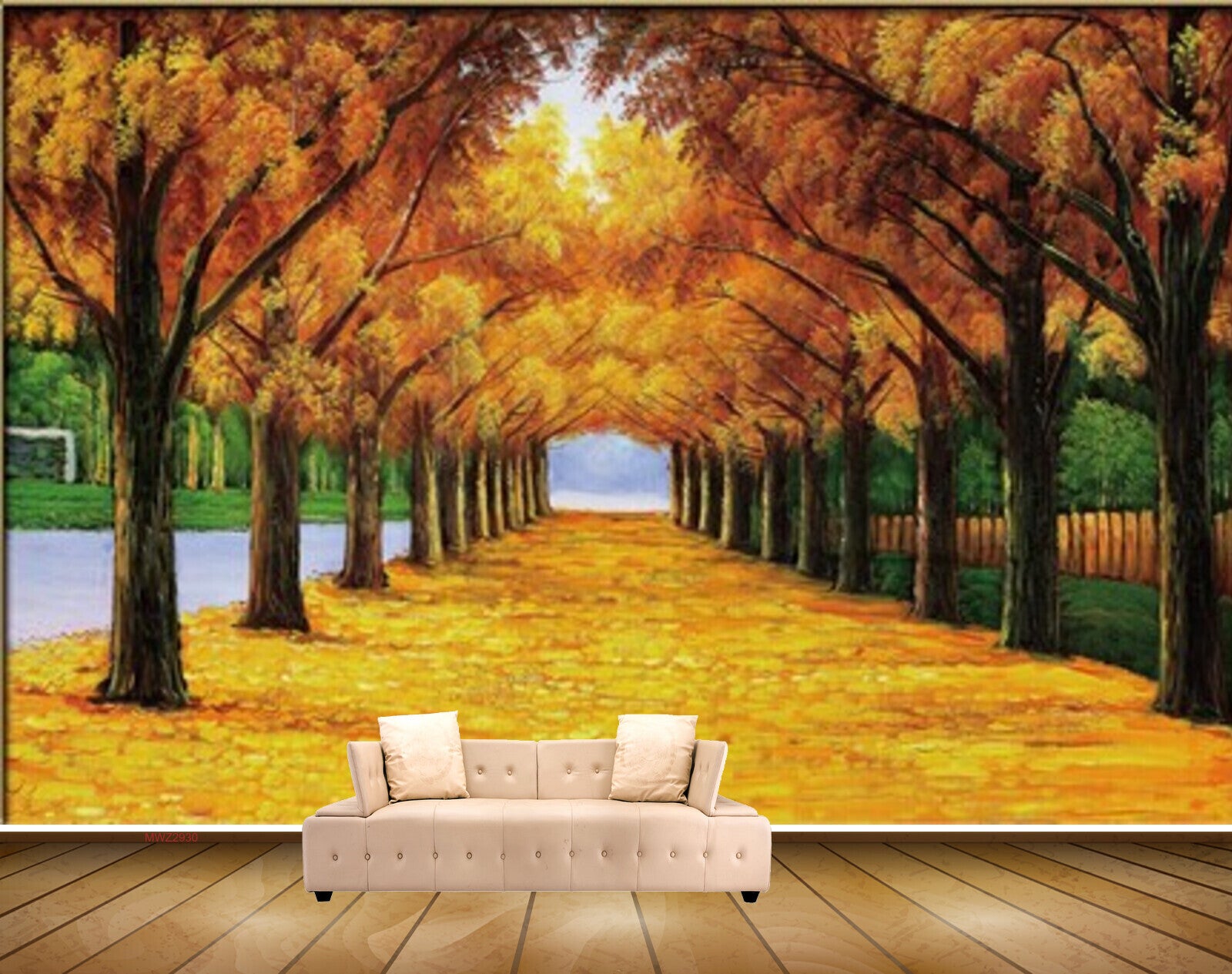 Avikalp MWZ2930 Trees Yellow Leaves Lake Grass Painting HD Wallpaper