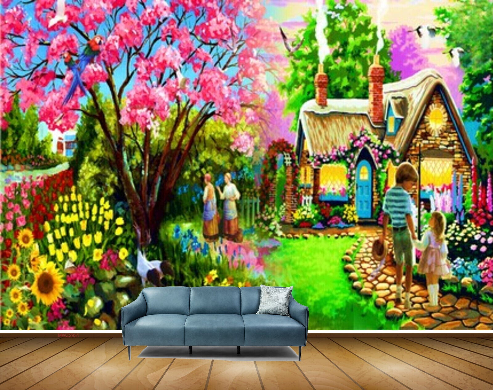 Avikalp MWZ2931 House Trees Pink Yellow Red Flowers People Stones Grass Garden Kids Cranes Plants Painting HD Wallpaper