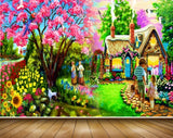 Avikalp MWZ2931 House Trees Pink Yellow Red Flowers People Stones Grass Garden Kids Cranes Plants Painting HD Wallpaper