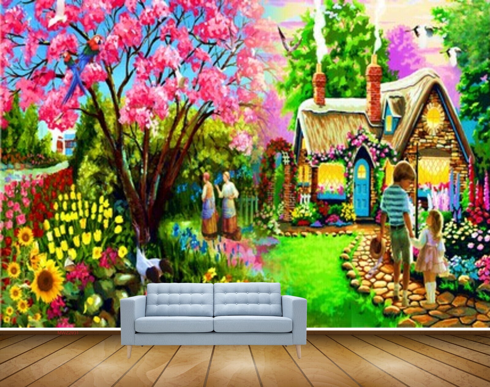 Avikalp MWZ2931 House Trees Pink Yellow Red Flowers People Stones Grass Garden Kids Cranes Plants Painting HD Wallpaper