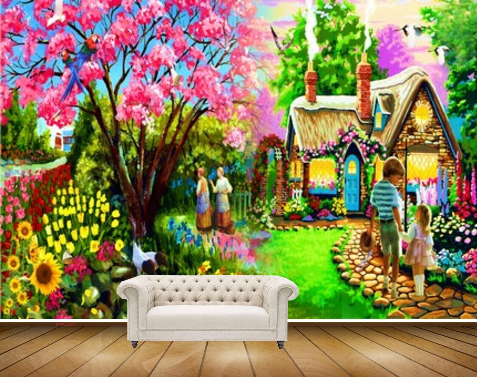 Avikalp MWZ2931 House Trees Pink Yellow Red Flowers People Stones Grass Garden Kids Cranes Plants Painting HD Wallpaper