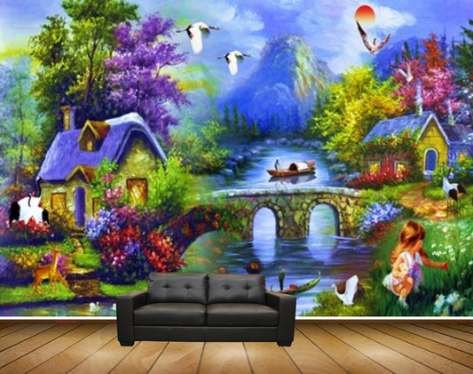 Avikalp MWZ2933 Sun Mounatins Birds Boat House Flowers Trees Bridge River Lake Pond Water Cranes Deers Kid Grass Plants Ducks Painting HD Wallpaper