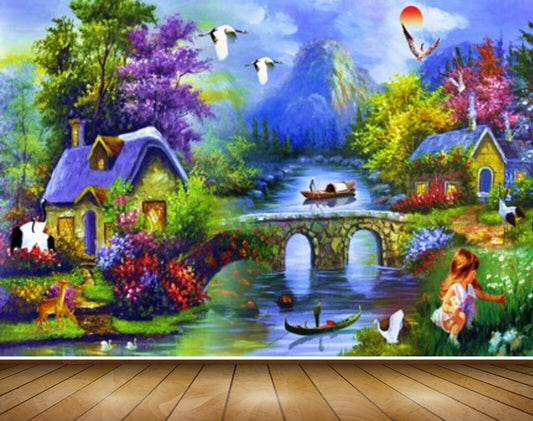 Avikalp MWZ2933 Sun Mounatins Birds Boat House Flowers Trees Bridge River Lake Pond Water Cranes Deers Kid Grass Plants Ducks Painting HD Wallpaper