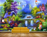 Avikalp MWZ2933 Sun Mounatins Birds Boat House Flowers Trees Bridge River Lake Pond Water Cranes Deers Kid Grass Plants Ducks Painting HD Wallpaper